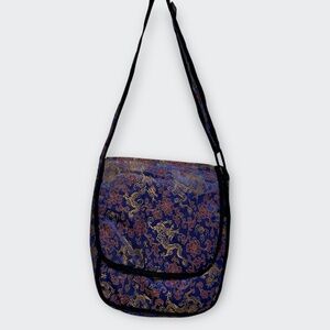 Vintage Oriental 100% Silk Brocade Dragon Crossbody Shoulder Bag Boho Mystical